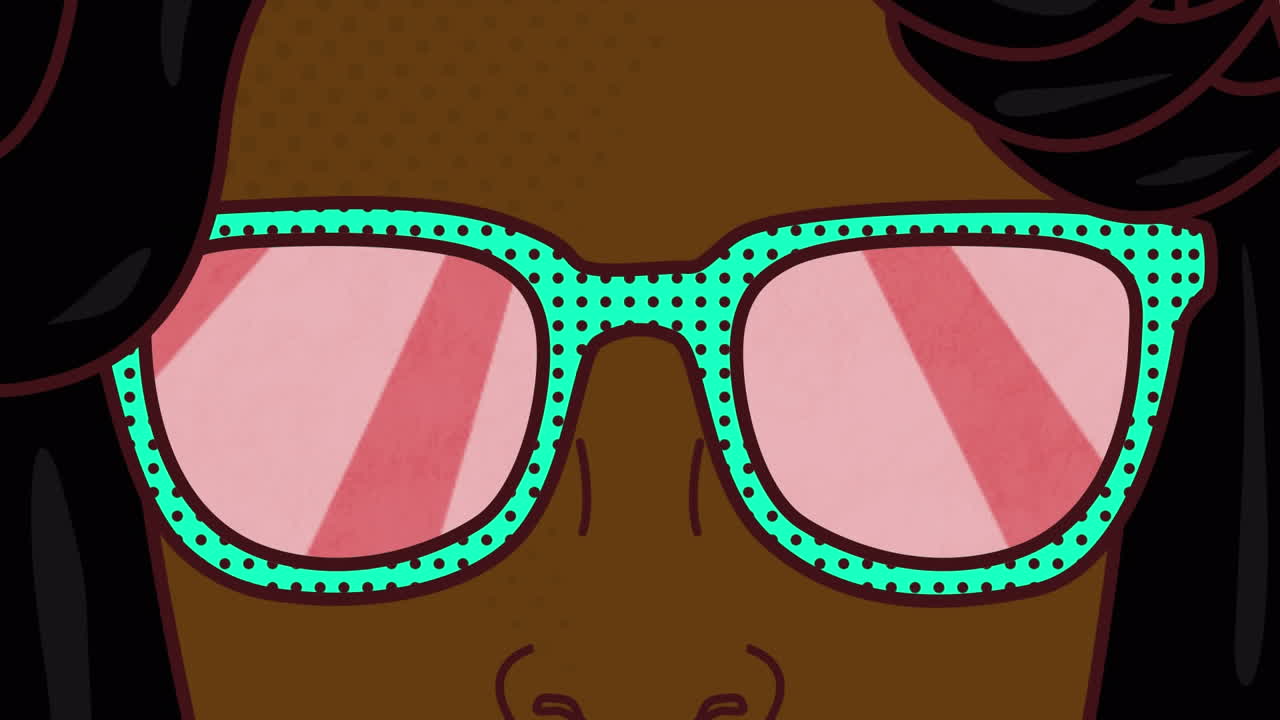 animación de rostro púrpura femenino retro en gafas de sol sobre rayas amarillas