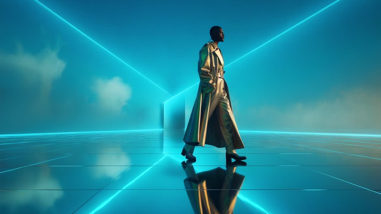 A Stylish Individual in a Flowing Trench Coat Walks Through a Futuristic, Neon-Lit Environment, Amidst Glowing Lines and Reflective Surfaces, Capturing a Vision of Modern Fashion and Sci-Fi Aesthetics