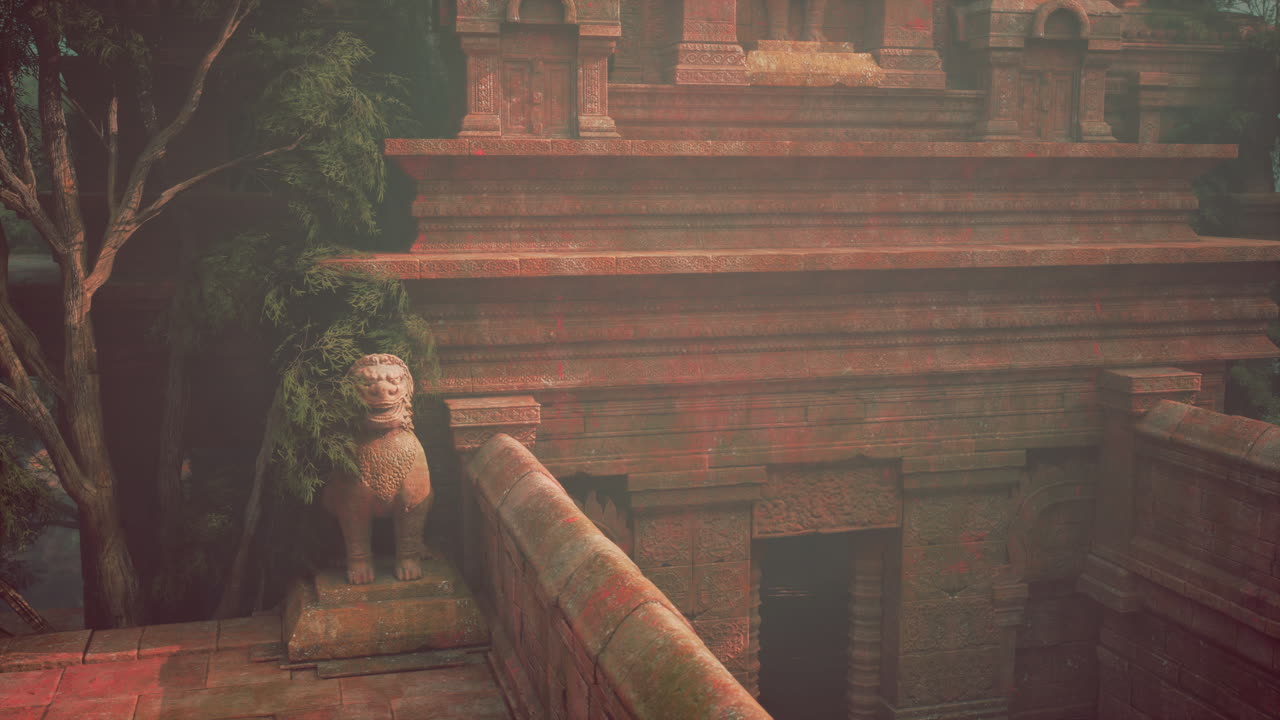 Lion statue sitting on ledge by tree