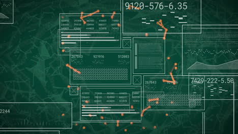 data processing and analysis animation over green background with numerical codes