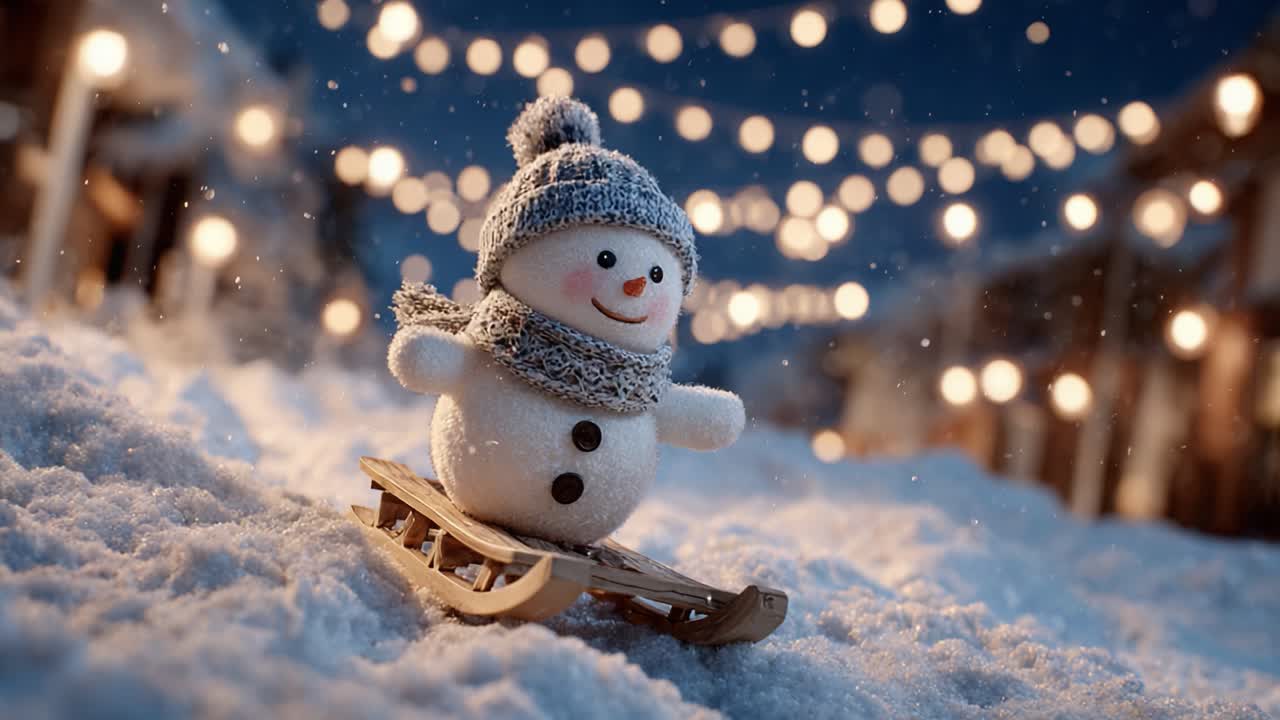 A charming snowman delightfully sledding across the wintry landscape, surrounded by glowing lights that create a magical and festive atmosphere during the holiday season