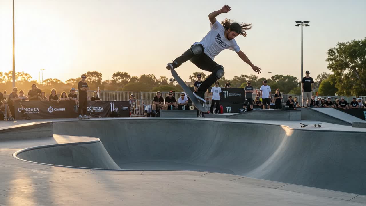 A Dynamic Display of Skateboarding Skills: A Skater Captivates the Crowd with a Complex Trick Over the Concrete Bowl at Sunset