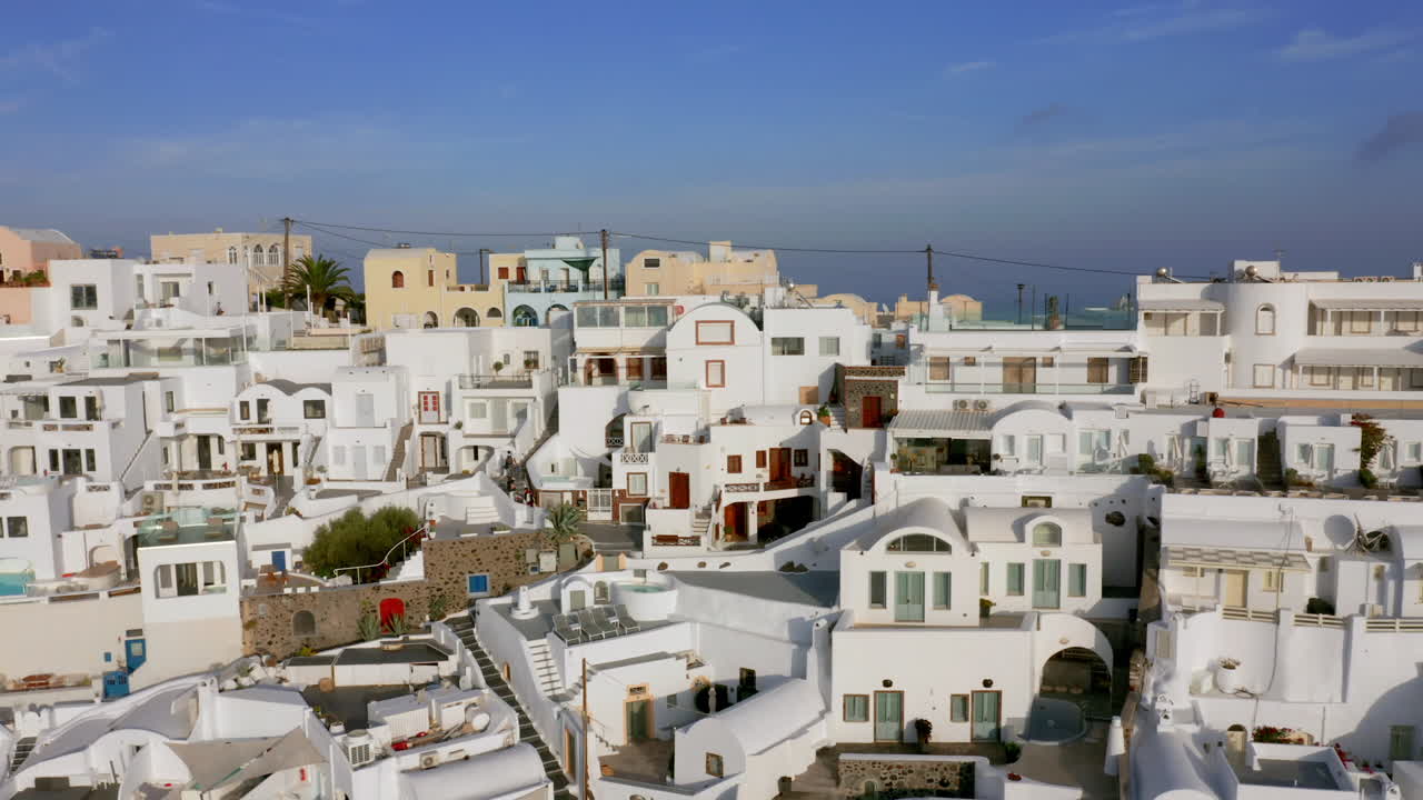 Aerial panoramic view of Fira in Santorini during summer, Greece