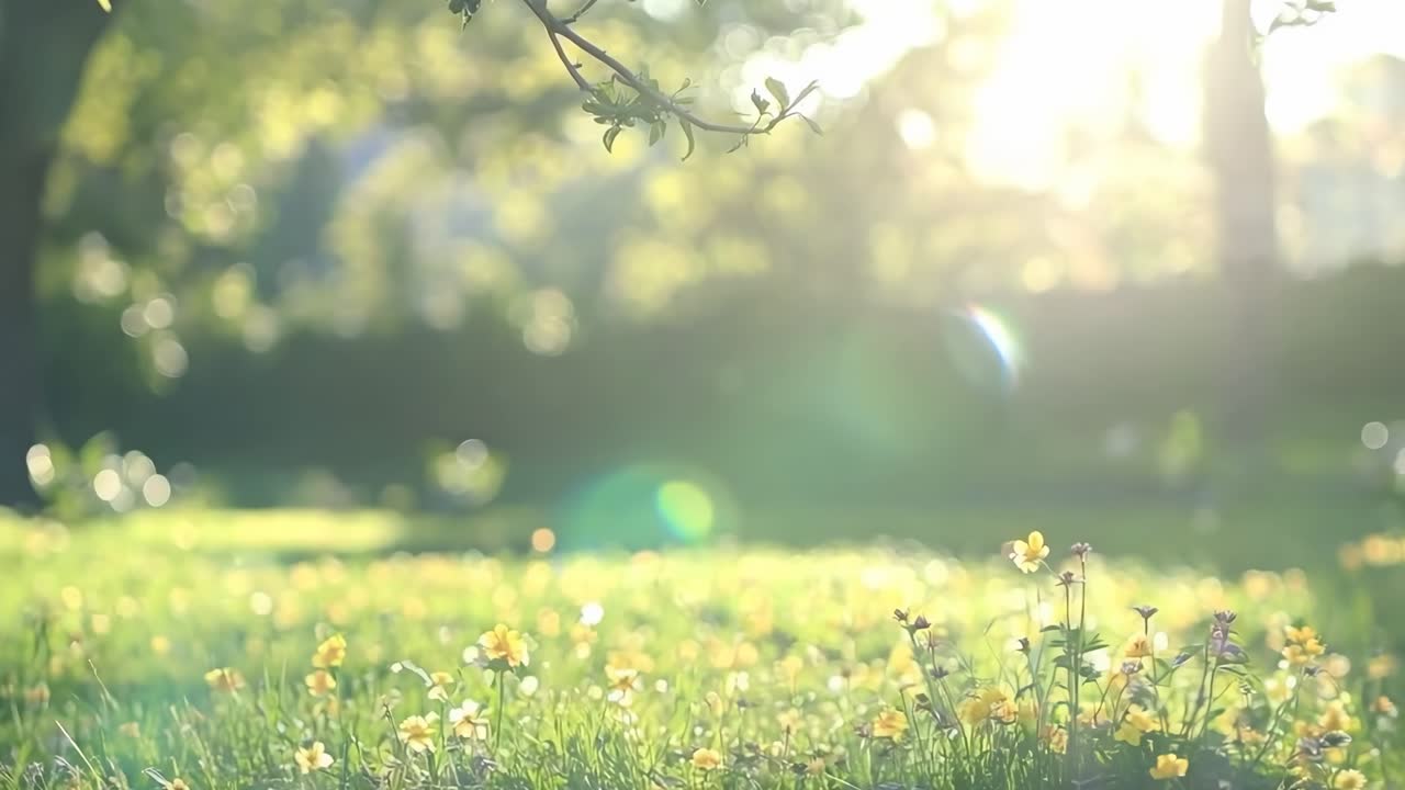 A serene, sunlit meadow captured in a low-angle shot, showcasing vibrant greenery and flowers