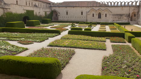 formal garden and historic architecture of a monastery