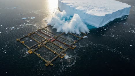 massive iceberg calving near aquaculture farm: witnessing the awe-inspiring moment as a giant section of ice crashes into the ocean, creating spectacular waves and ripples