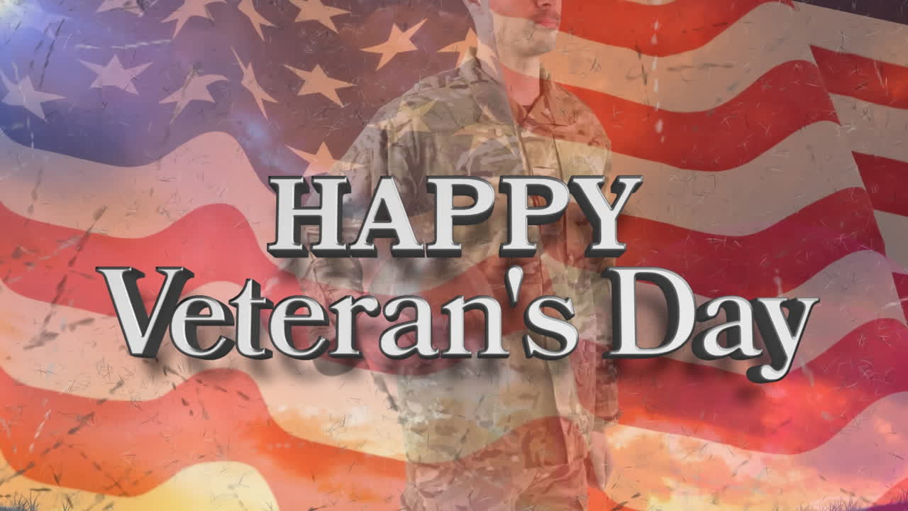 animación del texto del día del veterano feliz sobre soldado masculino biracial y bandera estadounidense