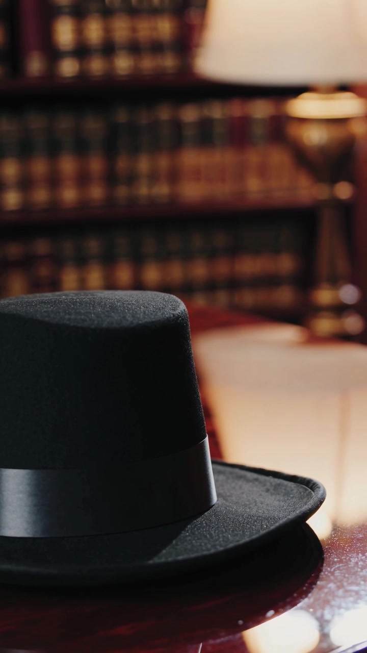 Cappello a cilindro nero appoggiato su una scrivania di legno lucido in una biblioteca