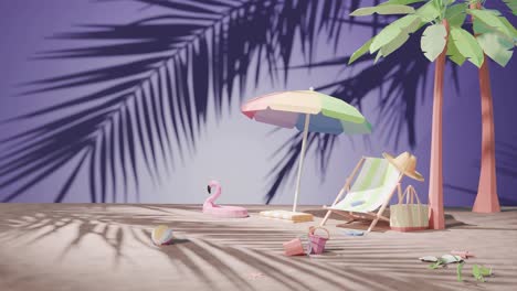 animación 3d de vacaciones en vacaciones tropicales en una playa soleada con paraguas para tomar el sol y un árbol de palma con fondo púrpura.