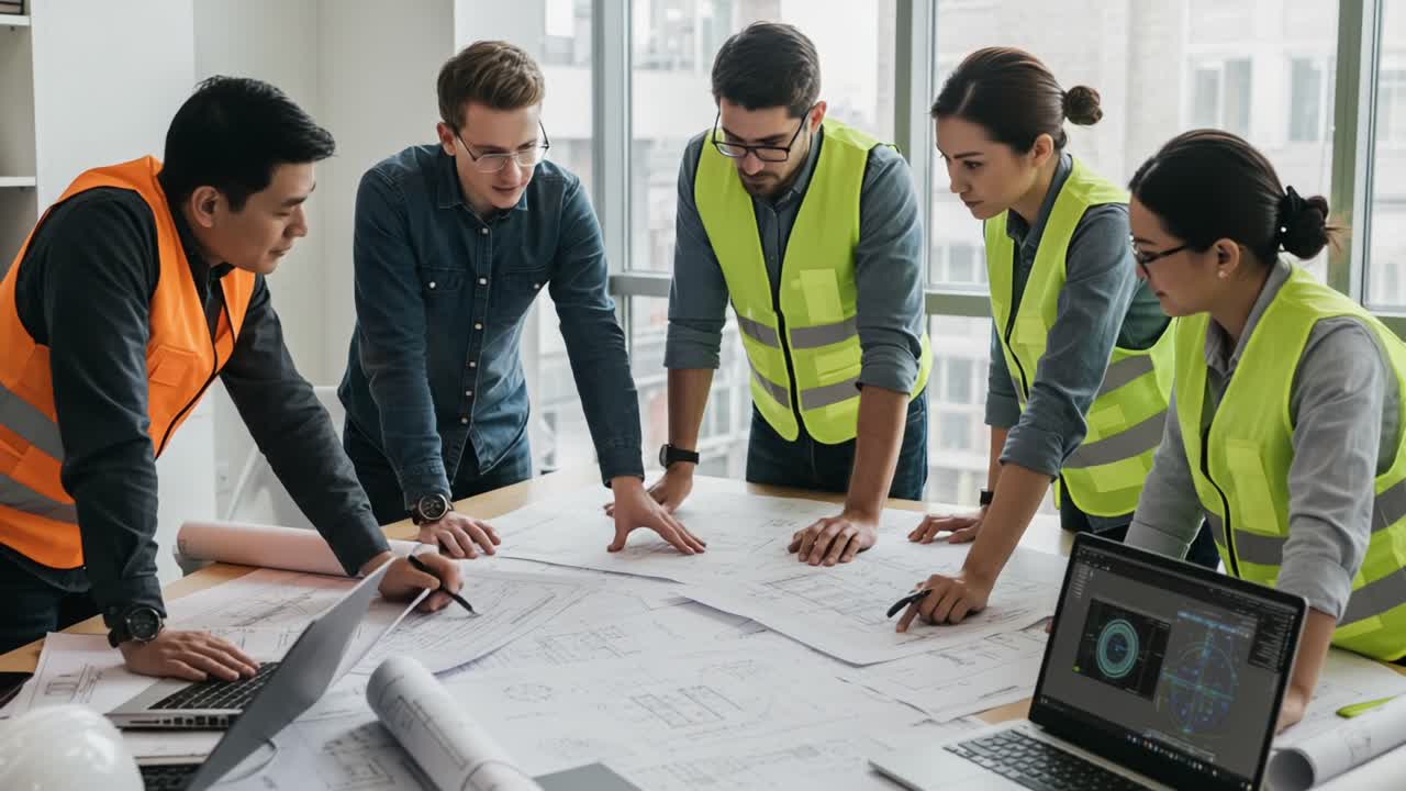 Collaborative Team Meeting in Construction Planning, Analyzing Architectural Blueprints with Focus and Strategy in a Bright Office Environment