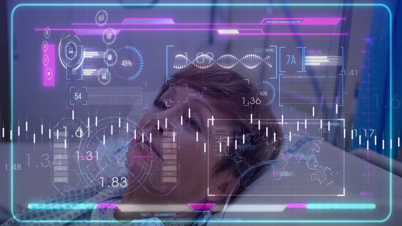 Overlaying futuristic medical animation, patient in hospital using data interface