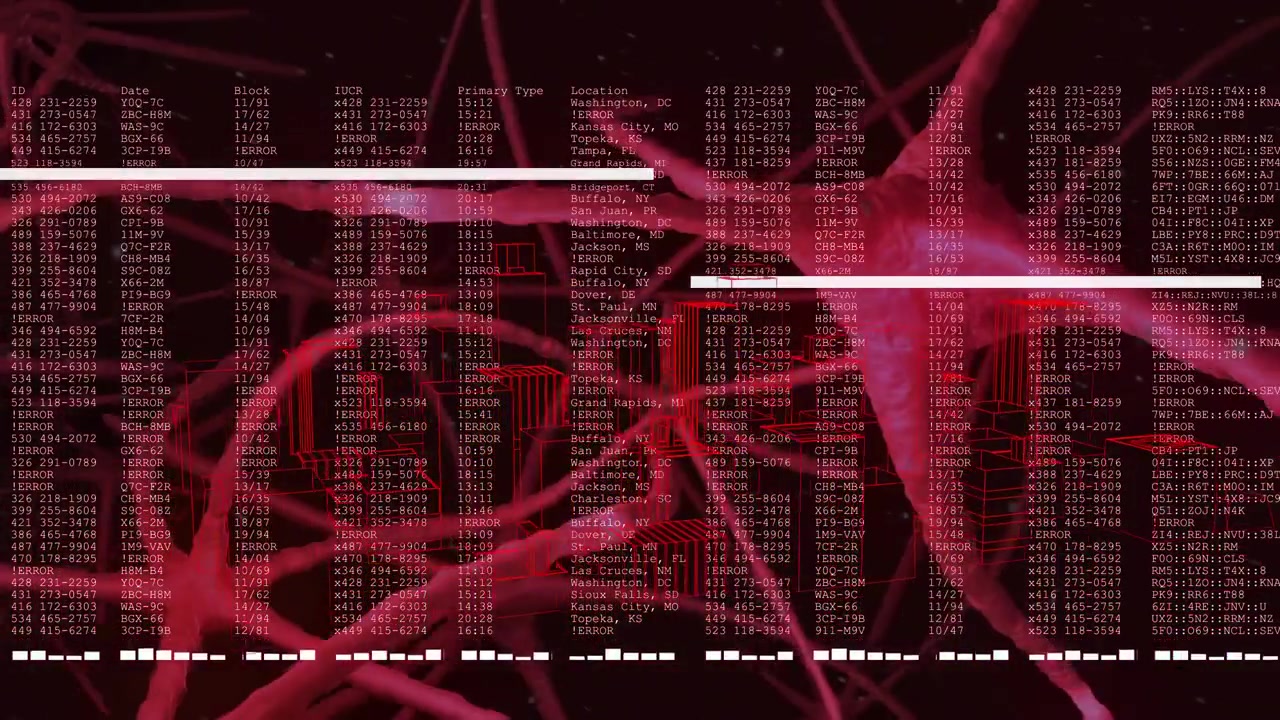 Fading overlay causing data columns scrolling over pink neural web, scan bars, red markers for AI