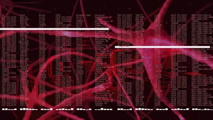 Fading overlay causing data columns scrolling over pink neural web, scan bars, red markers for AI