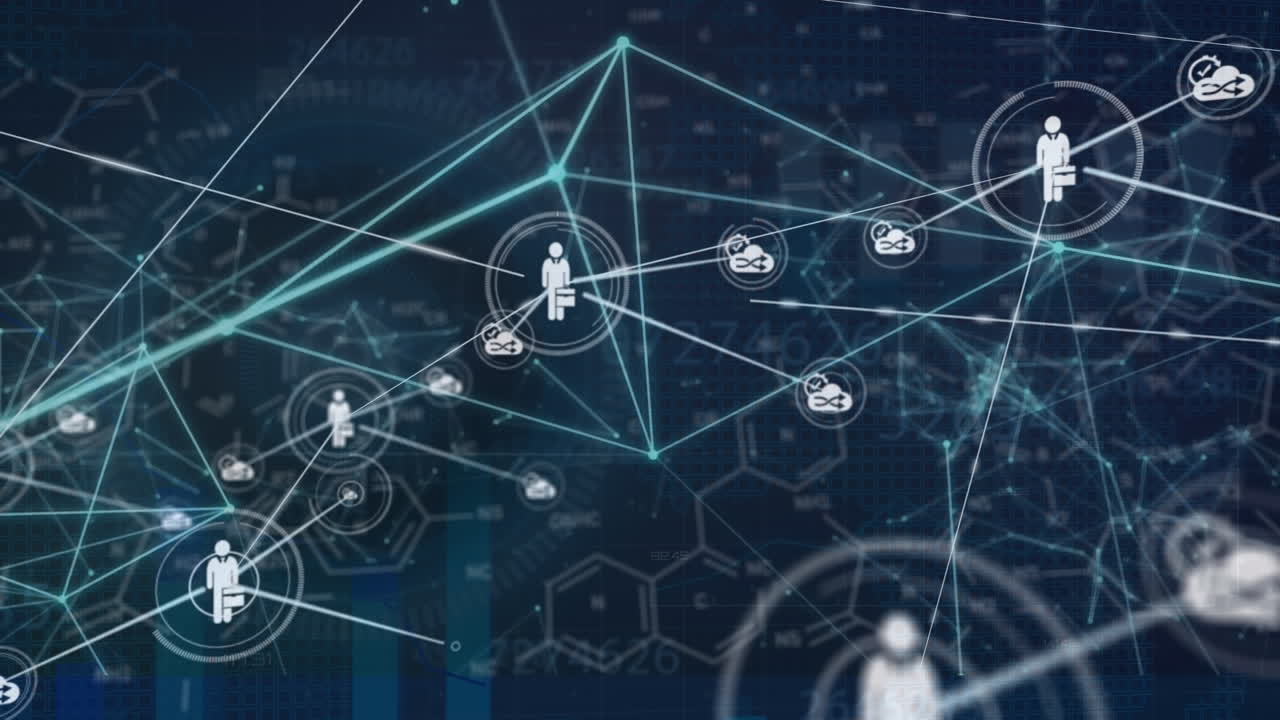 Animation of network of connections with icons and data processing over black background