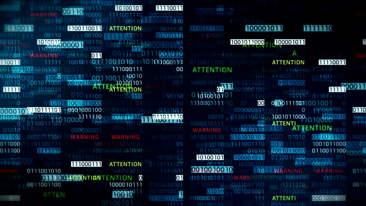 Warning and Attention message with binary numbers. Web online with digital technology loop animation. Computer network problem error concept.
