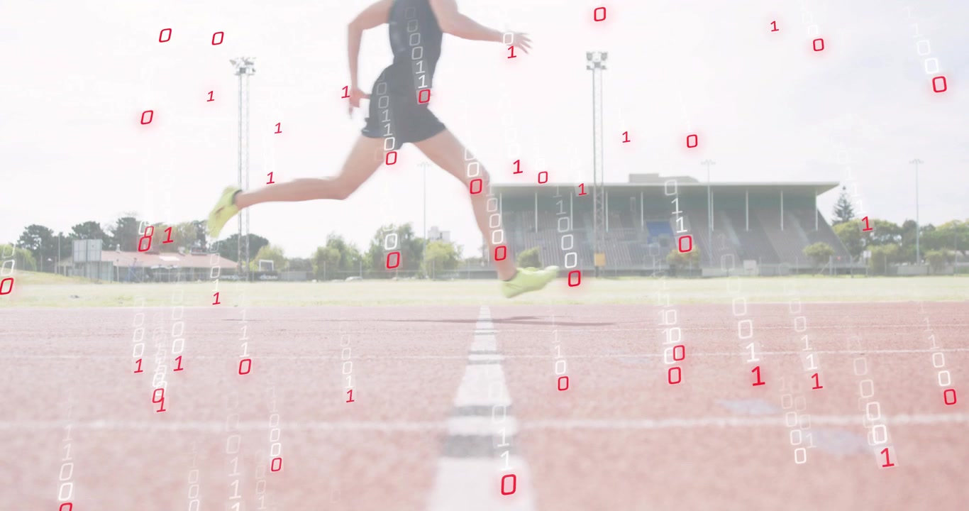 Binary data flowing over red track as sprinter sprinting across line demonstrating sports analytics