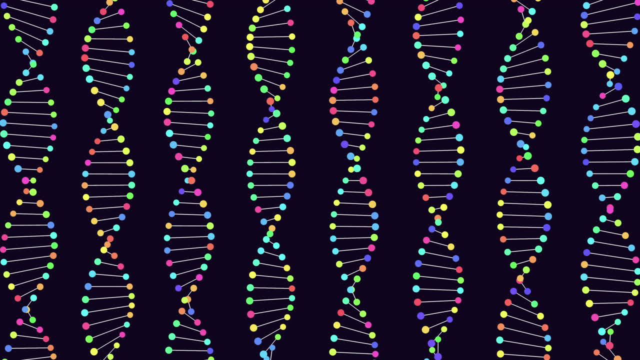 A vibrant seamless pattern featuring colorful DNA strands formed by interconnected balls on a black backdrop. The symmetrical design showcases a unique and captivating arrangement of elements