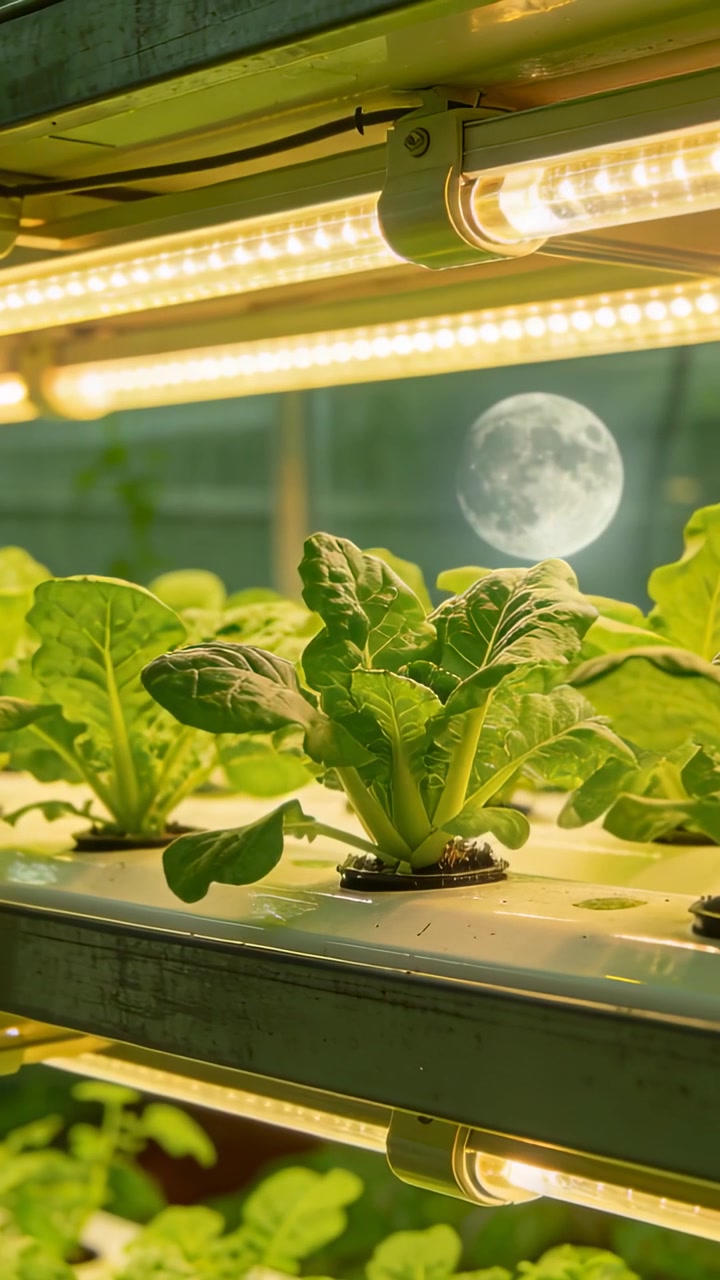 Vertikales Video: Sich bewegende Kamera fokussiert Salatkopf in Schaumstoffstopfen mit LED-Röhren, Mond