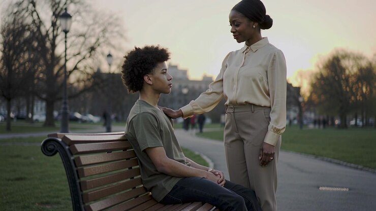 Un gesto di conforto: una donna in camicetta beige poggia la mano sulla spalla di un adolescente con una camicia color oliva al parco