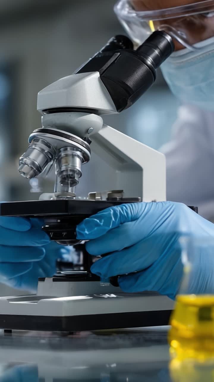 Close-Up Study of Microscope in Laboratory: A Scientist Analyzes Samples with Precision using Advanced Microscopy Techniques and Modern Equipment