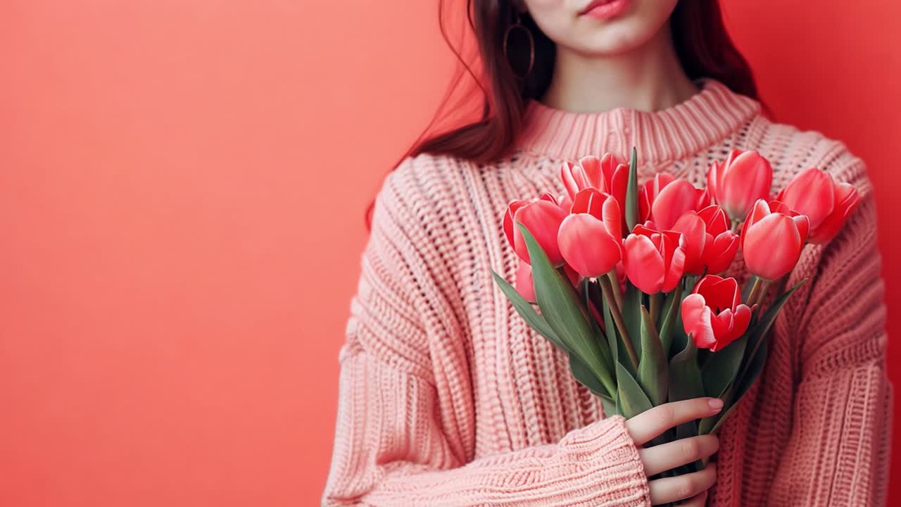 Person holding a bouquet of red tulips