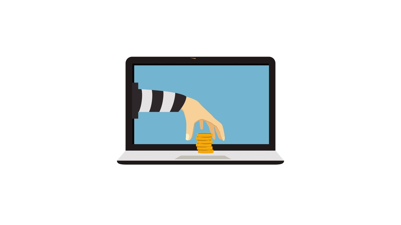 Digital Theft: Hand Stealing Coins from Laptop Screen