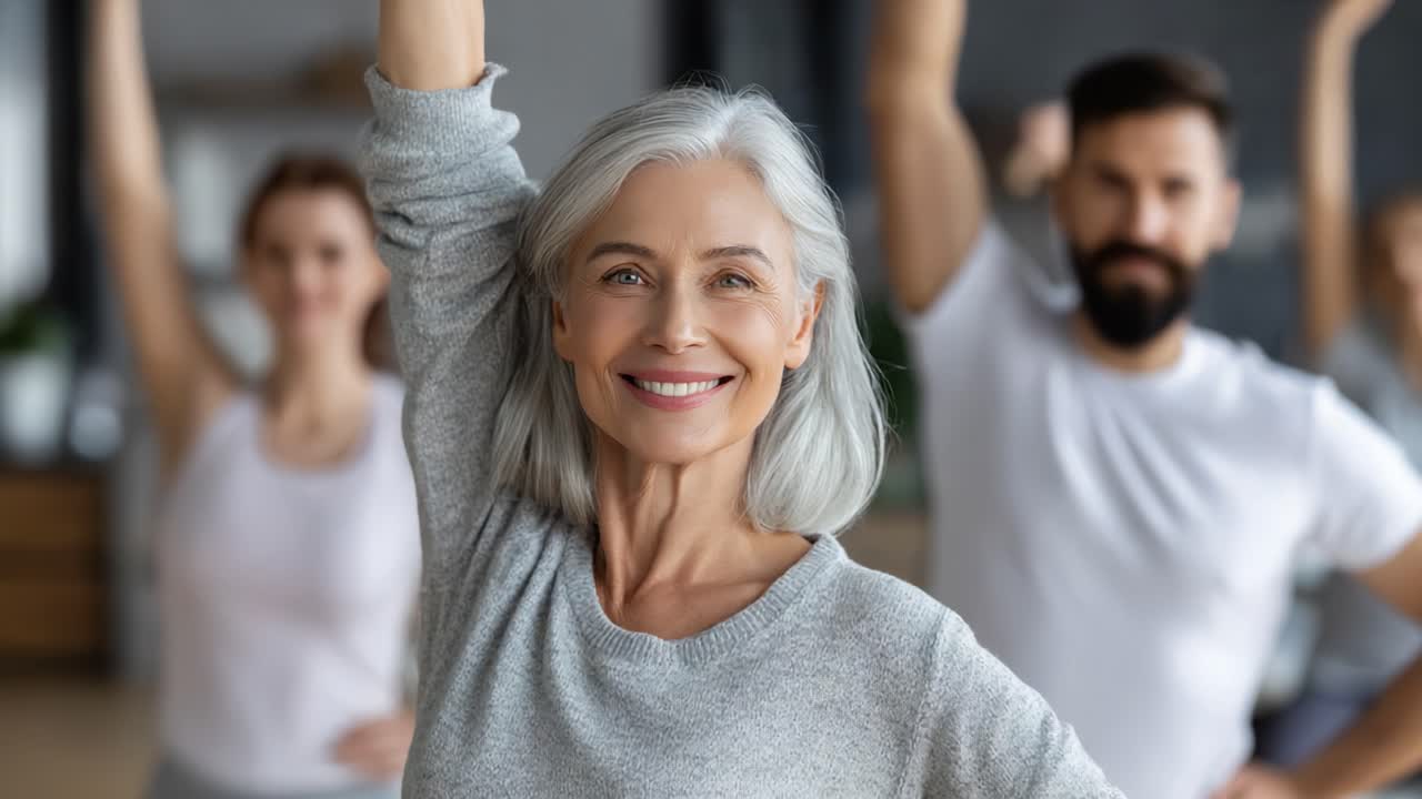 A joyful group of adults engaging in a fun fitness activity, showcasing a carefree spirit and camaraderie as they raise their hands in a lively and cheerful environment