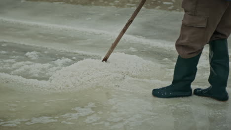 worker harvesting salt in a salt farm
