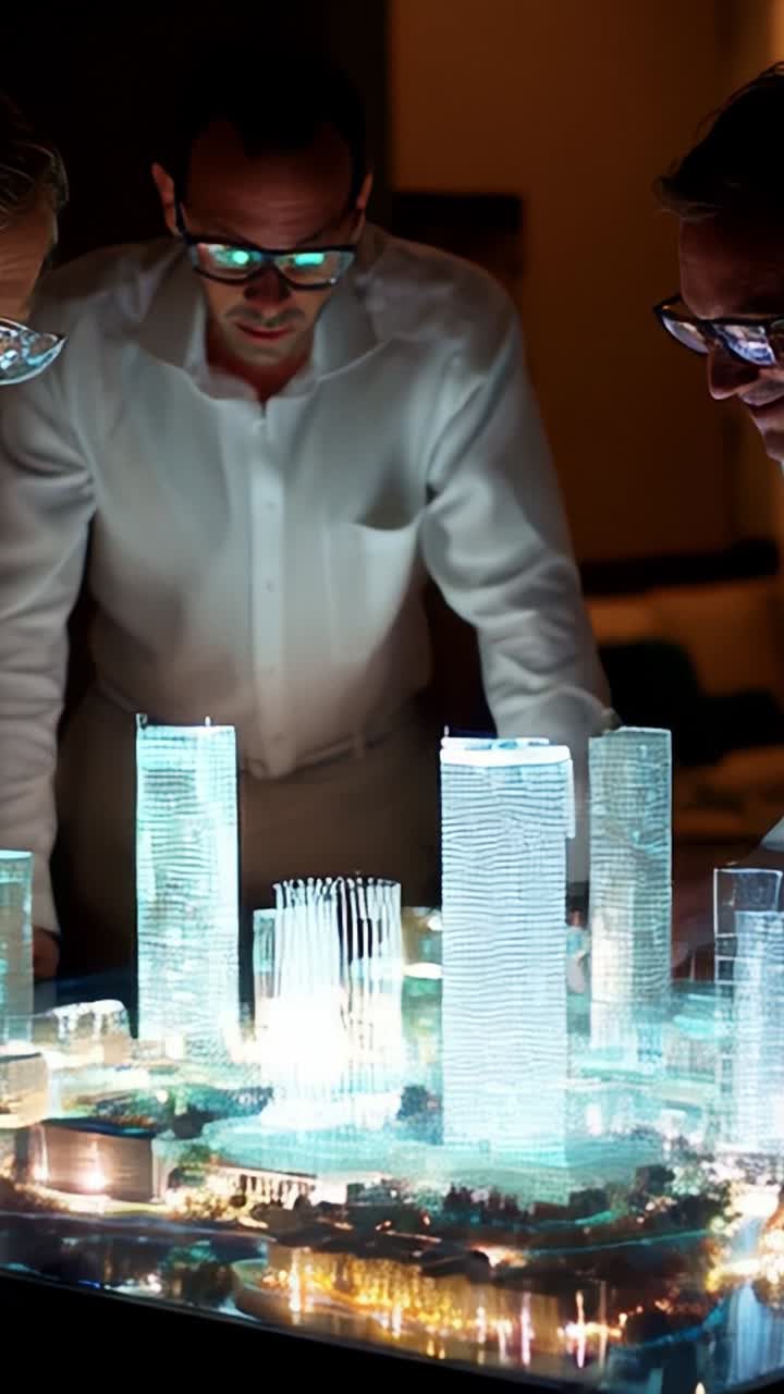 Innovation and Collaboration: Professionals Analyzing a 3D Scale Model of a Modern Urban Development Project in a Contemporary Workspace