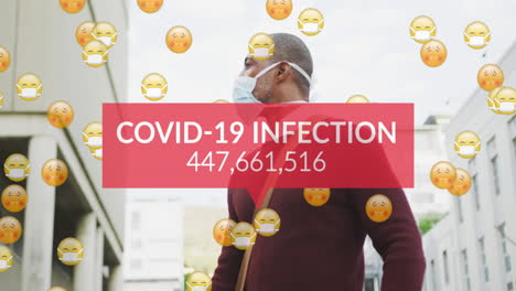 covid-19 infection with increasing numbers against african american senior man wearing face mask