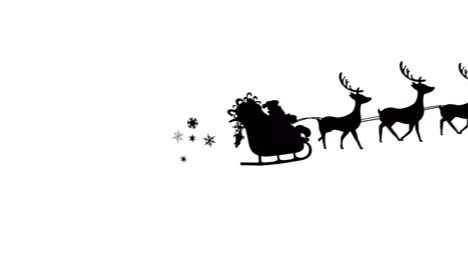 Animation-of-black-silhouette-of-santa-claus-in-sleigh-being-pulled-by-reindeer-on-white-background