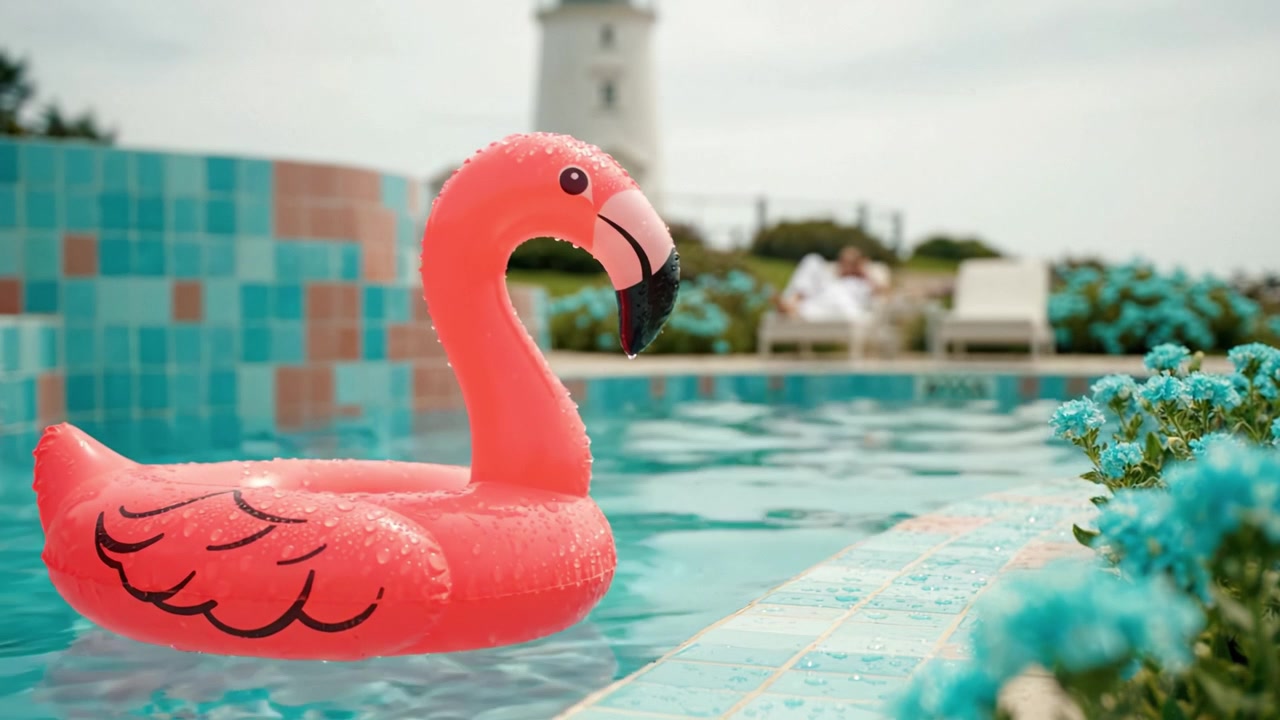 Vibrant Summer Scene Featuring Pink Flamingo Float in Sparkling Pool Surrounded by Colorful Flowers and Scenic Lighthouse in the Background