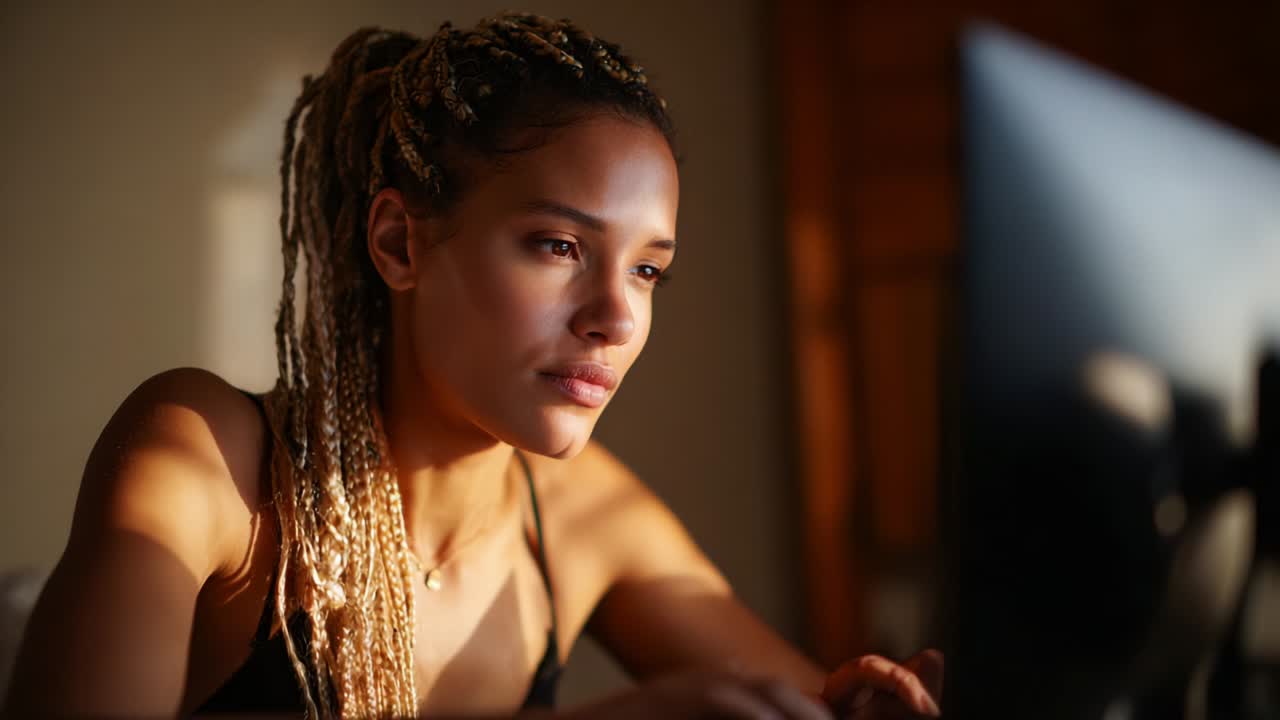 Contemplative Focus: A Young Woman Engaged Deeply in a Task, Illuminated by Soft Light, Capturing Moments of Reflection and Concentration While Using a Computer in a Quiet Environment