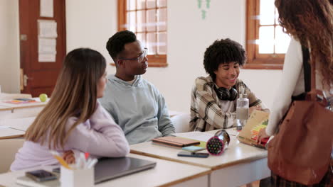 group, friends and talking in classroom