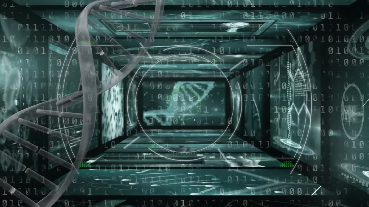 scansione di portata sulla struttura del dna che gira contro gli schermi sull'elaborazione dei dati di codifica binaria