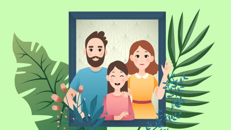animación de una familia abrazándose sobre un fondo verde
