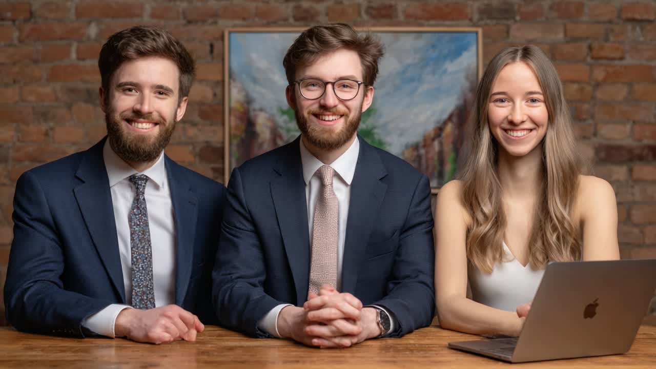 A Professional Trio Poses Together in a Cozy Workspace, Showcasing Team Spirit and Collaboration in a Modern Business Environment