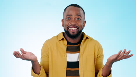 Black-man,-confused-and-hands-out-with-smile