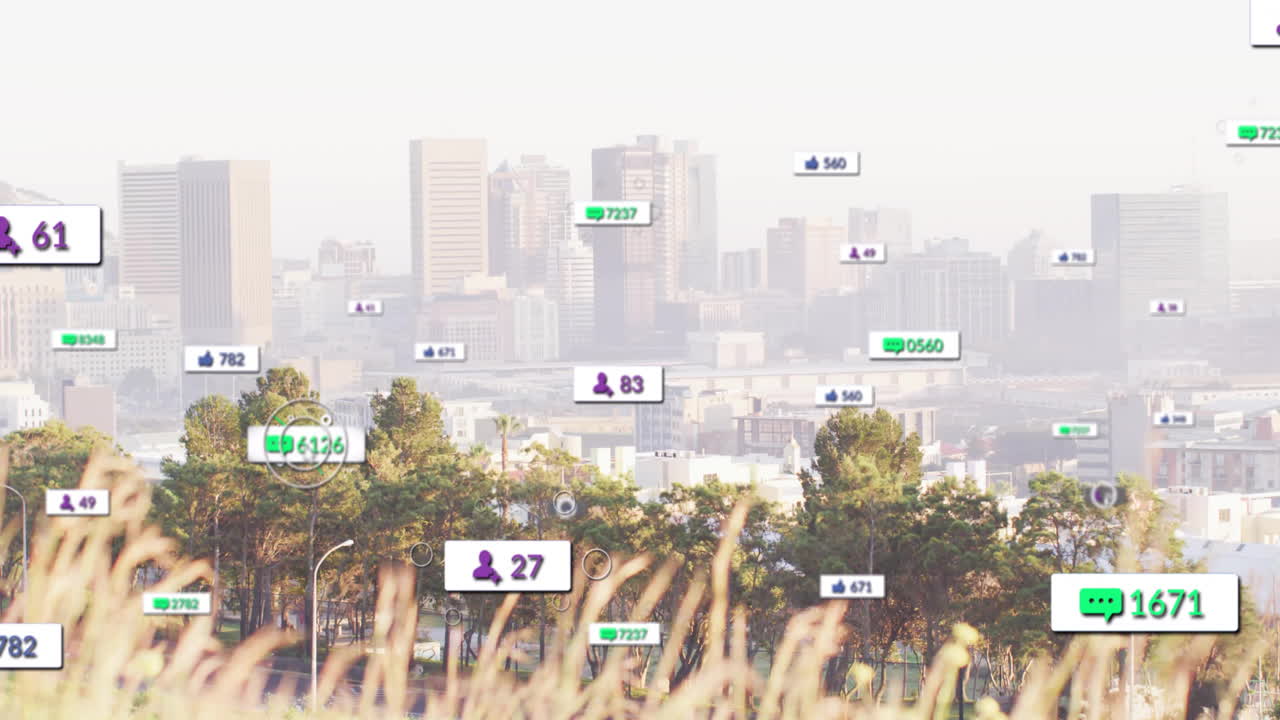 소셜 미디어 아이콘의 애니메이션과 도시 풍경에 대한 데이터 처리