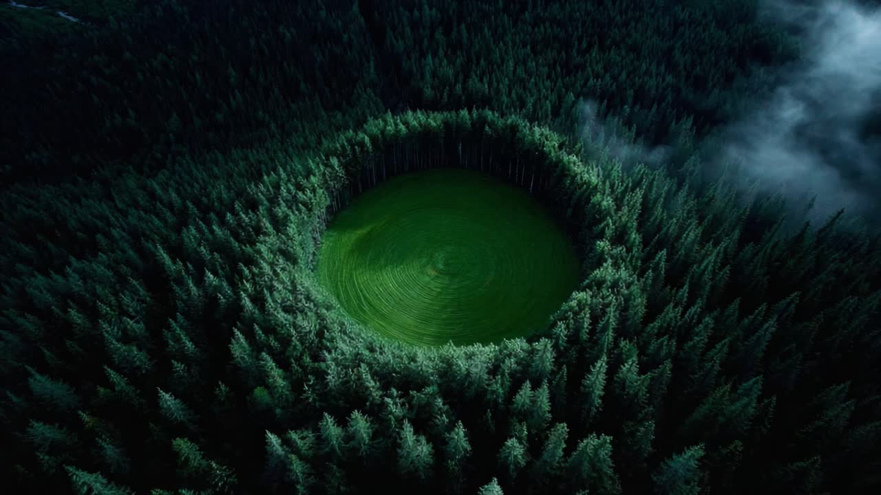 Aerial View of a Perfect Circular Clearing Surrounded by Dense Forest Vegetation, Highlighting the Contrast Between Lush Greenery and Bare Earth