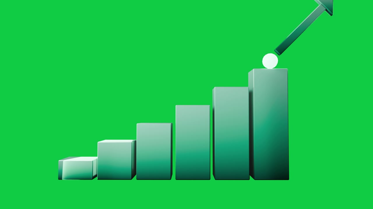 Base appearing on transparent canvas six green bars rising orb hopping arrow turning showing growth