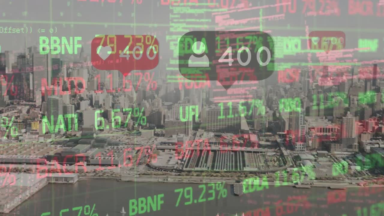 통지 카운터, 거래 보드 및 데이터베이스의 애니메이션 현대 도시 풍경의 공중 시야