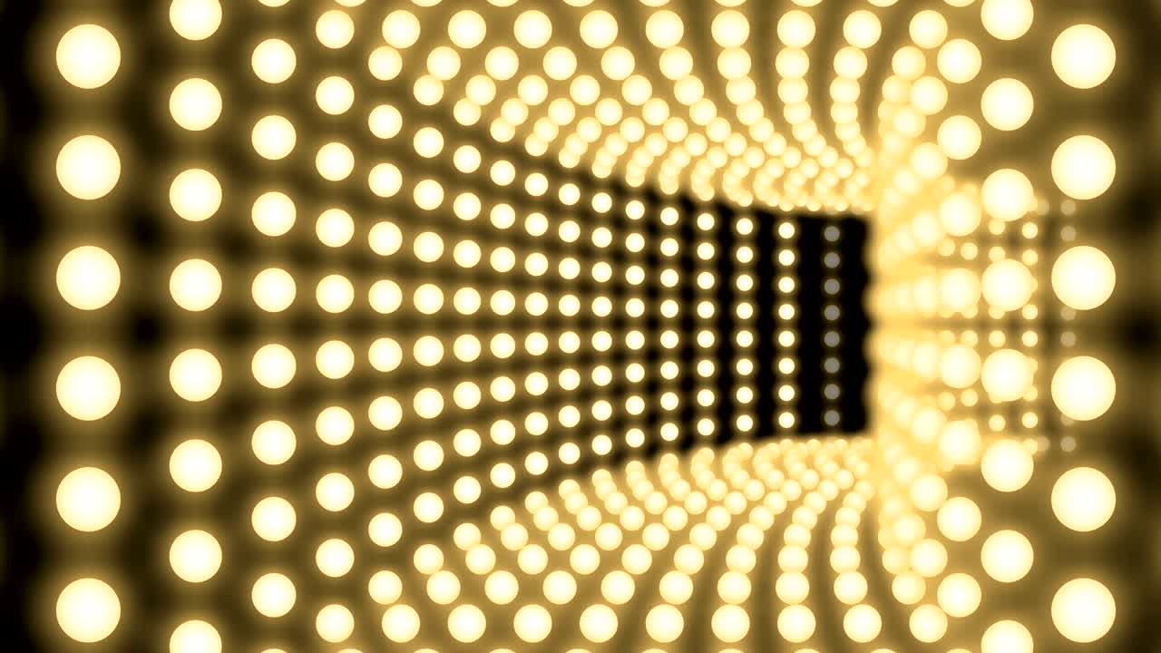 Tunnel Incandescent light bulb box frame square shape moving pattern, retro 3D virtual style illustration glow in dark background seamless looping animation 4K, with copy space