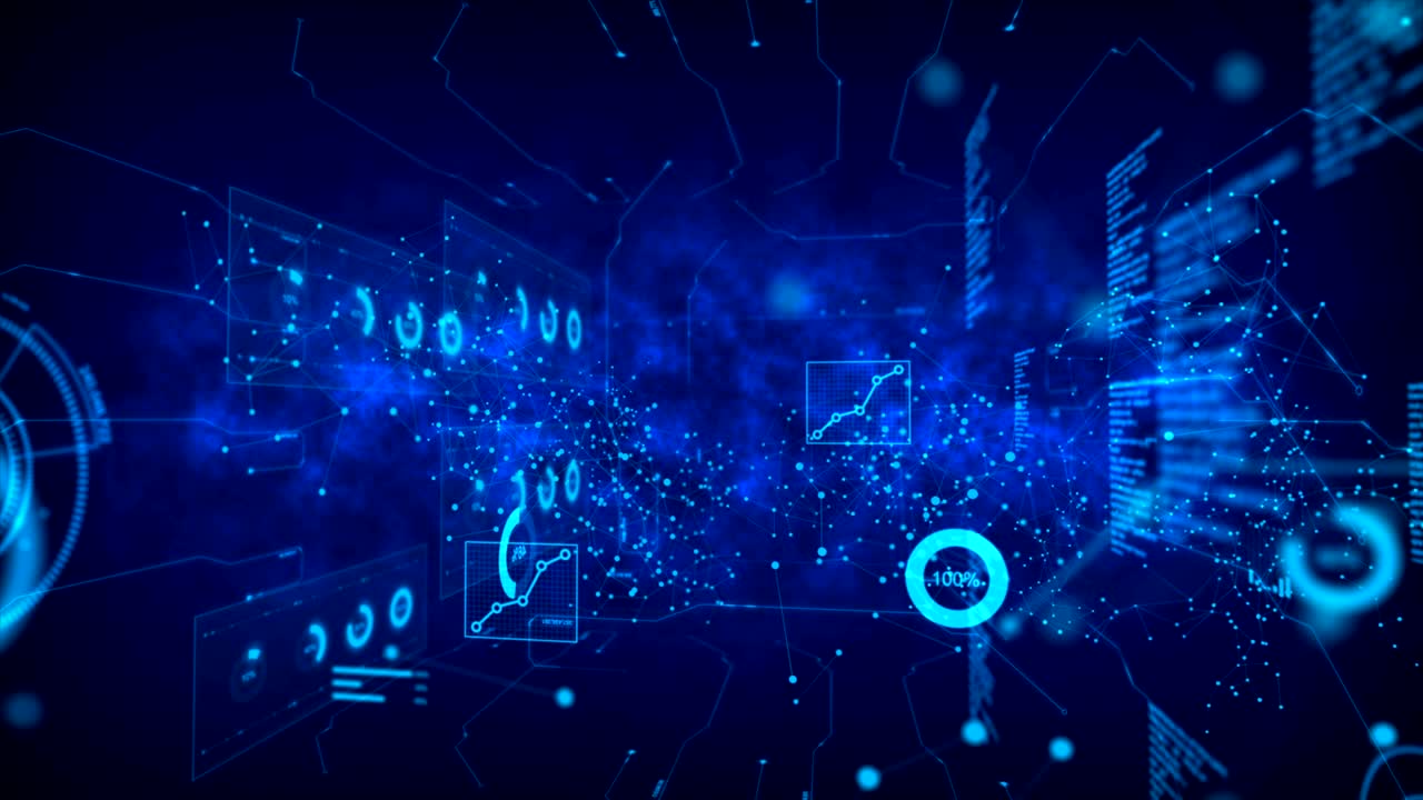 4k 애니메이션 점 원과 연결 라인과 hud 그래프 바 요소와 함께 어두운 배경에 곡물 처리