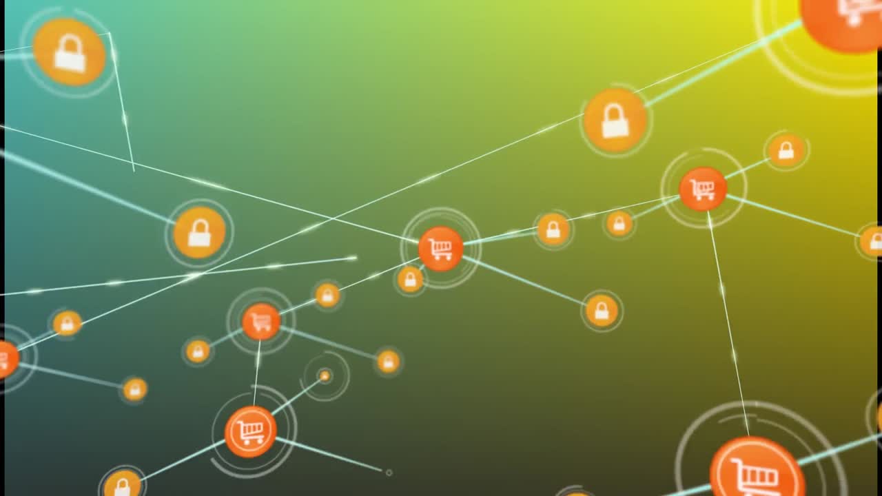 animación de una red de iconos digitales contra un fondo de gradiente amarillo y verde.