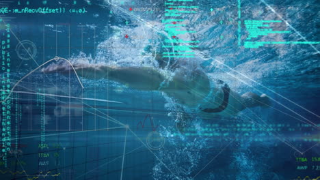 animation of data processing and network of connections over caucasian man swimming