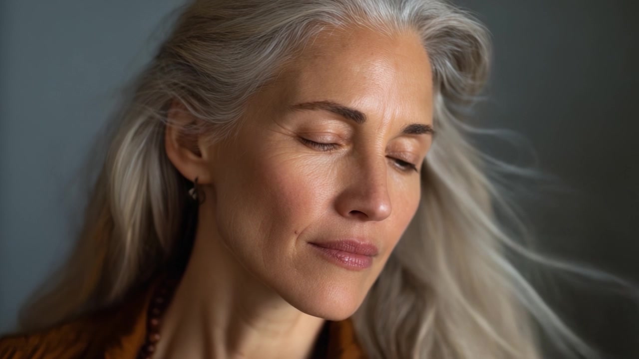 A Serene Moment: Capturing the Essence of Natural Beauty, Reflection, and Calm Through Intimate Portraiture of a Woman with Silvery Hair and Thoughtful Expression