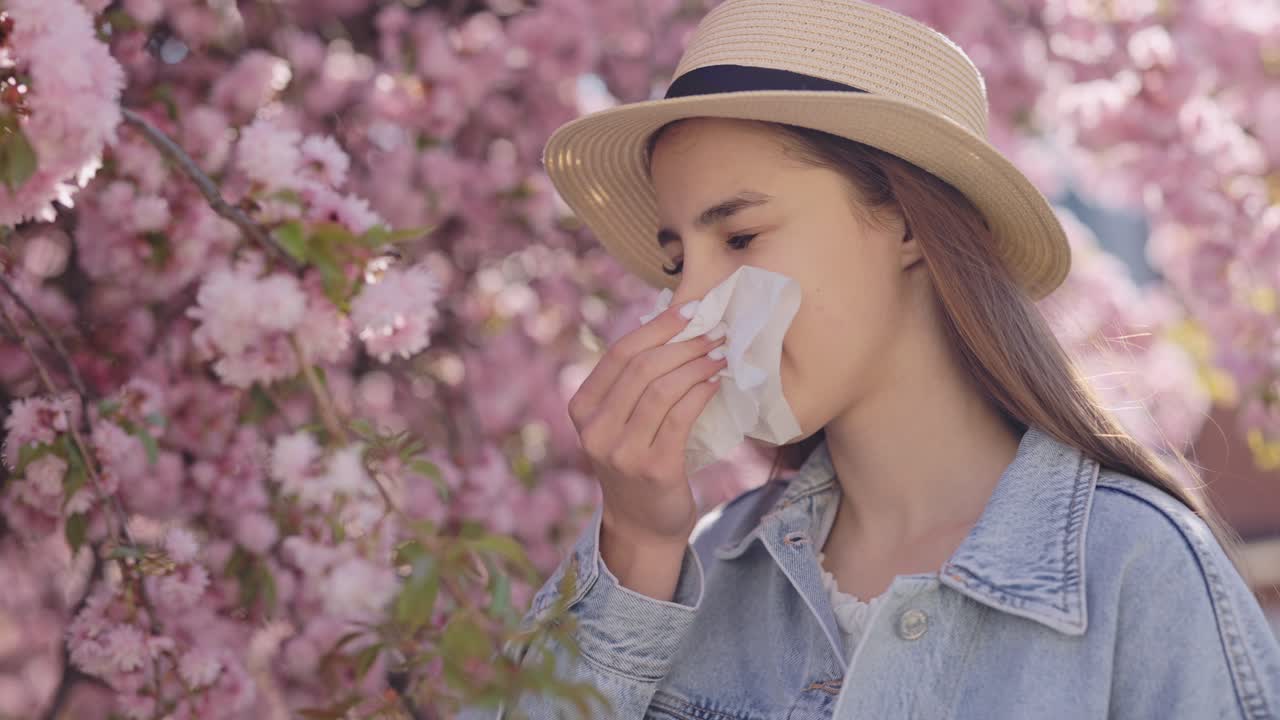 Teenage girl with allergies in a cherry blossom tree