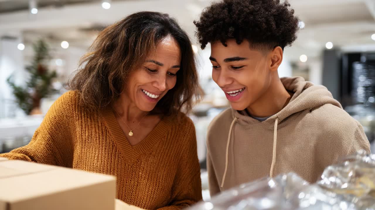 A joyful moment captured between a smiling woman and a young man as they share a delightful experience of discovery together, immersed in the excitement of unpacking boxes in a warm, inviting environment
