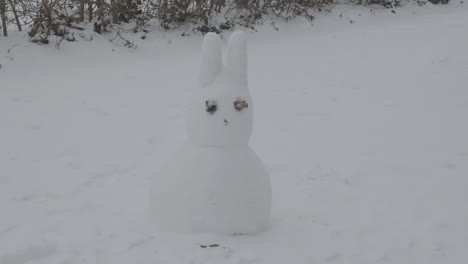 dolly out of bunny shaped snow man in winter